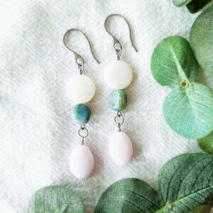 Mother of Pearl Shell Earrings, Long Coastal Bohemian Earrings, Agate Crystal